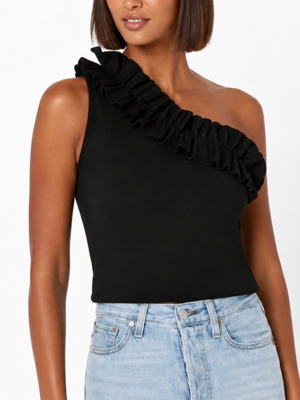Milly Black One Shoulder Ruffle Tank NWT Size L